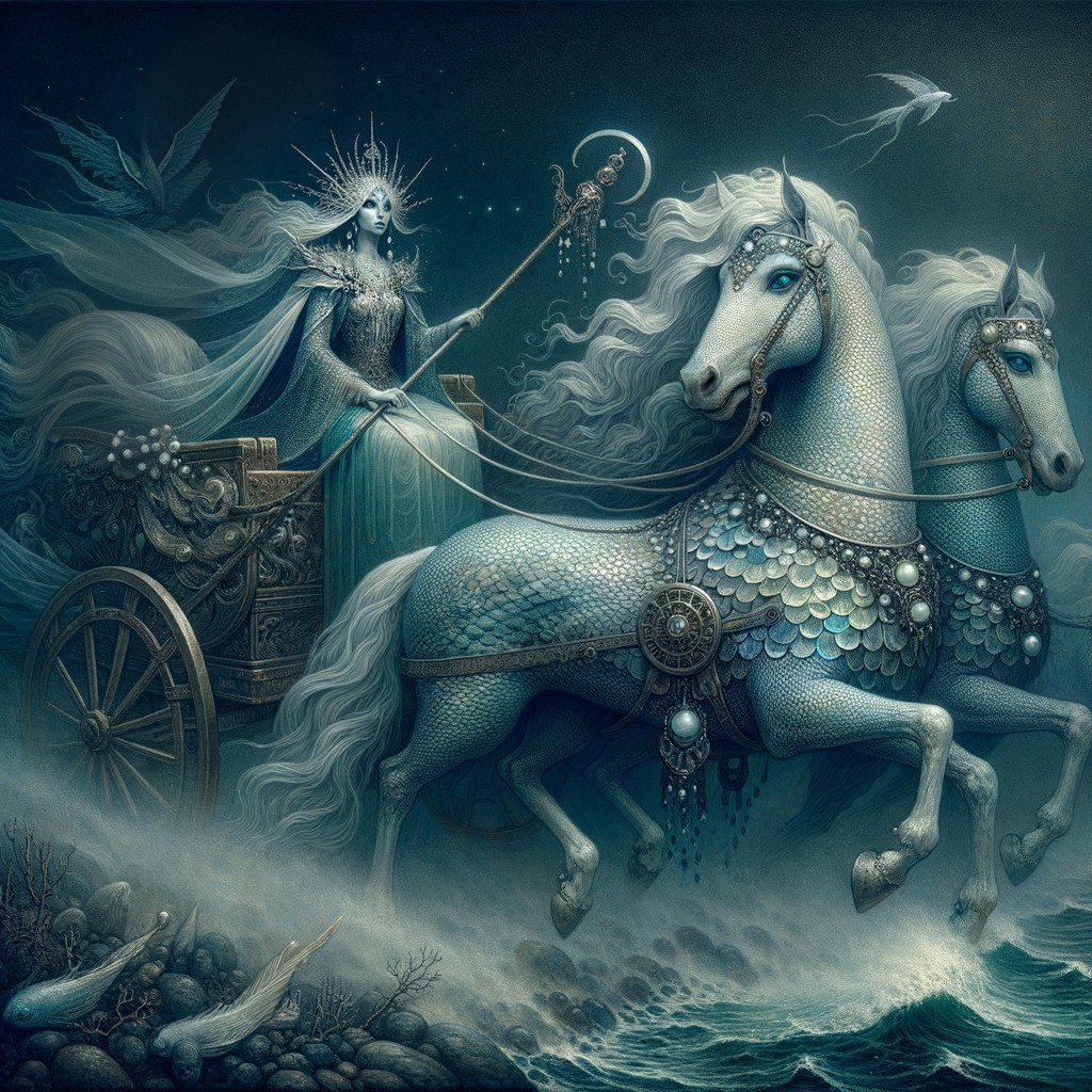 Regal Figure in Ethereal Gown on Shimmering Chariot