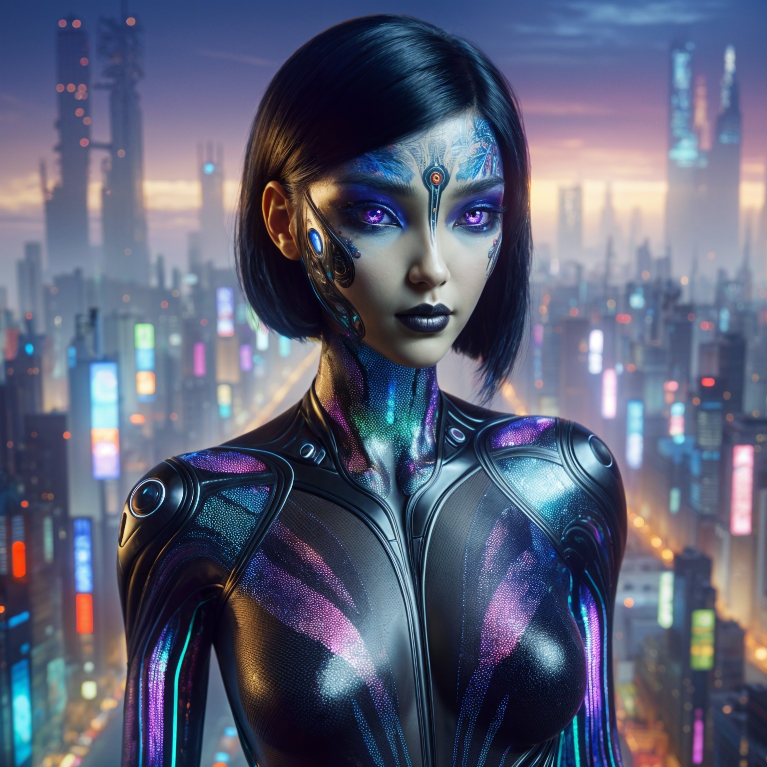 Futuristic Humanoid Figure in Neon Cityscape