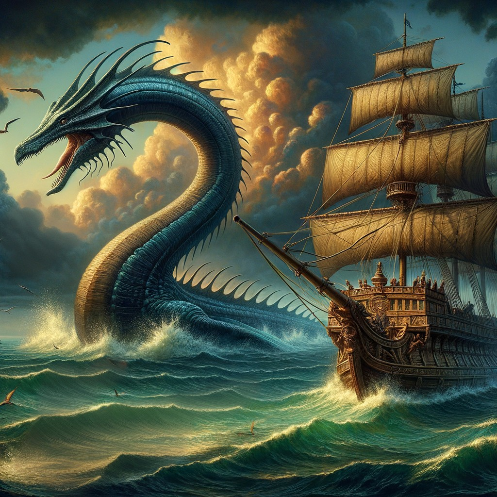 Mythical Sea Serpent and Ship in Stormy Seas