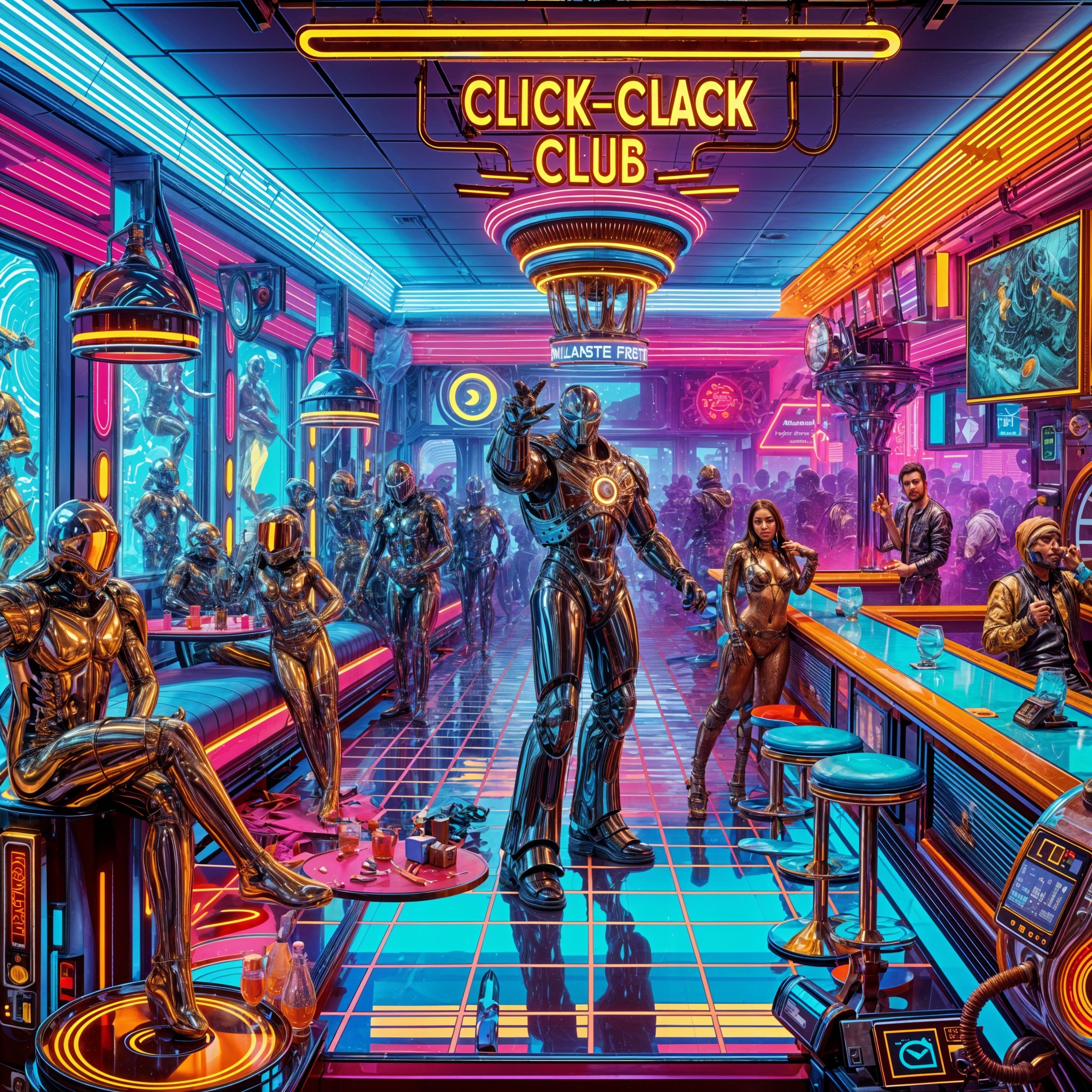 Neon-Lit Nightclub Scene with Humanoid Robots