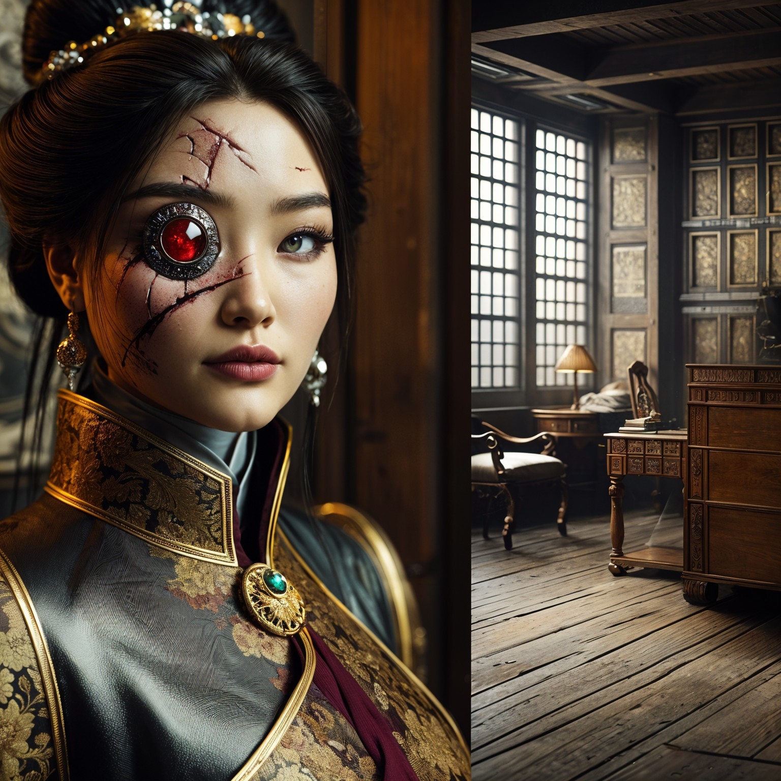 Character in Ornate Room with Mechanical Features