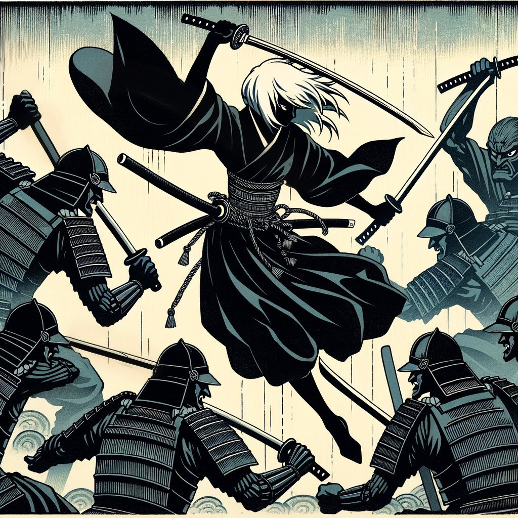 Lone Warrior in Black Robe Faces Armed Samurai Circle