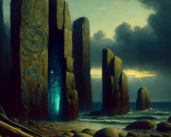 Mysterious Coastal Landscape with Stone Monoliths