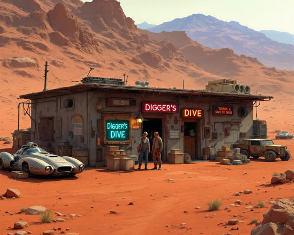 Rustic Building in Red Desert with Neon Signs and Vehicles