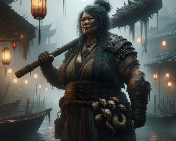 Warrior in Misty Village with Spiked Mace and Lanterns
