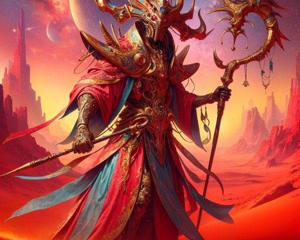 Majestic Figure in Alien Landscape with Cosmic Colors