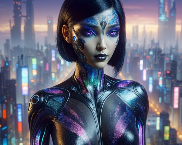 Futuristic Humanoid Figure in Neon Cityscape