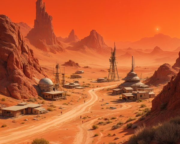 Futuristic desert landscape with domed buildings and spires