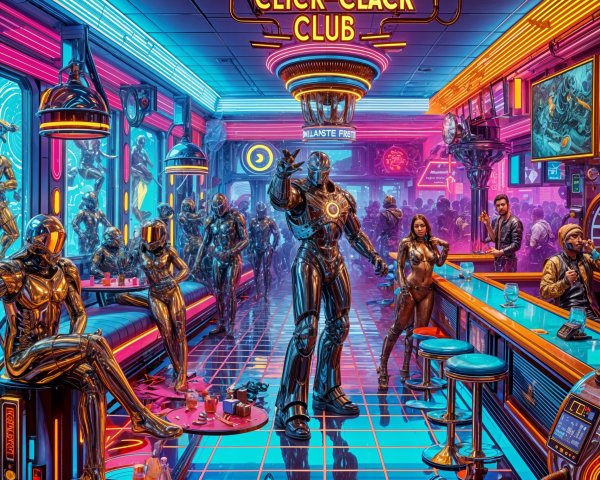 Neon-Lit Nightclub Scene with Humanoid Robots