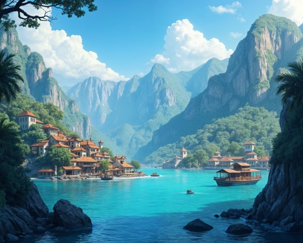 Coastal Village Surrounded by Mountains and Greenery