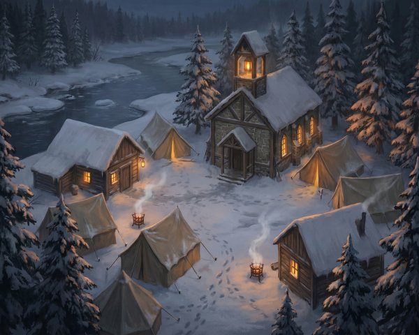 Winter Village Aerial View with Snow and River