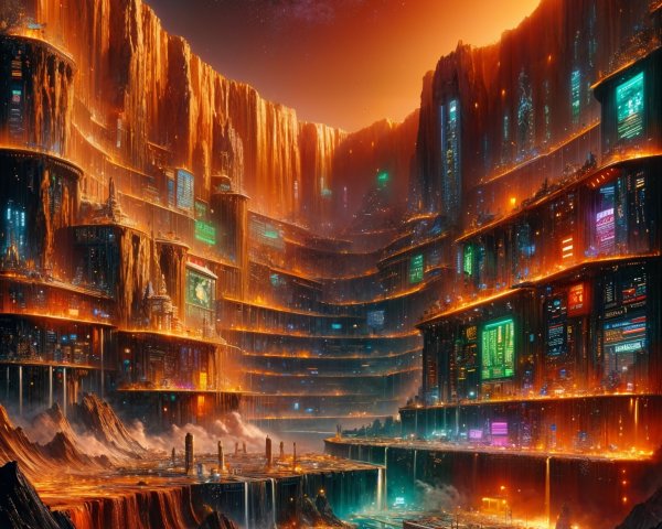 Futuristic City with Neon Lights and Cascading Waterfalls