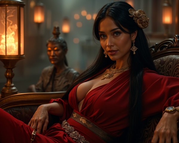 Elegant woman in red gown on ornate chair with statue