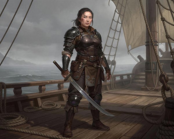 Digital Painting of an Asian Pirate Woman on Ship