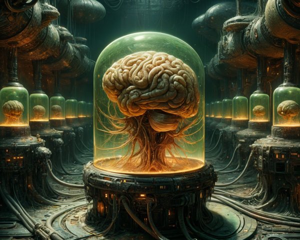 Futuristic laboratory with glowing brain-filled domes