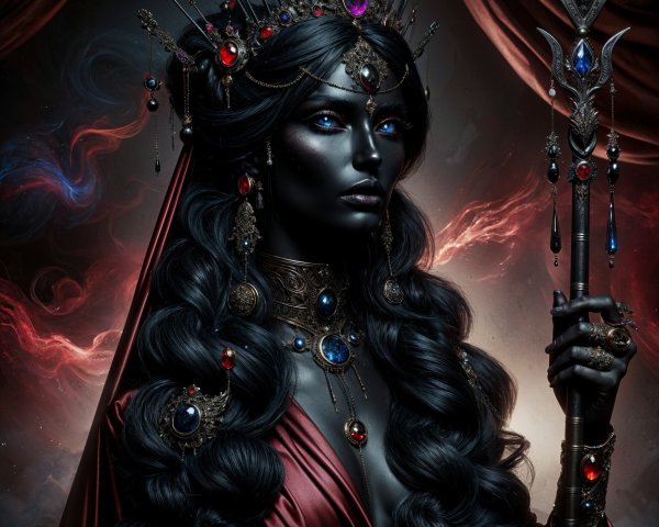 Regal figure in crimson gown with crown and staff