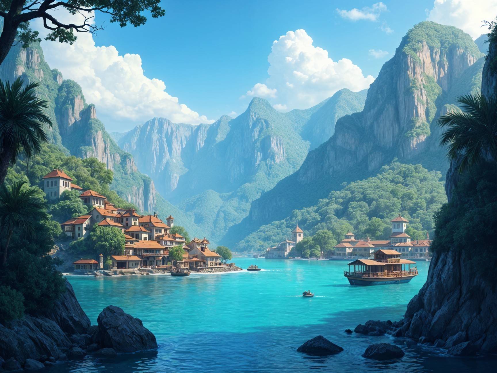 Coastal Village Surrounded by Mountains and Greenery