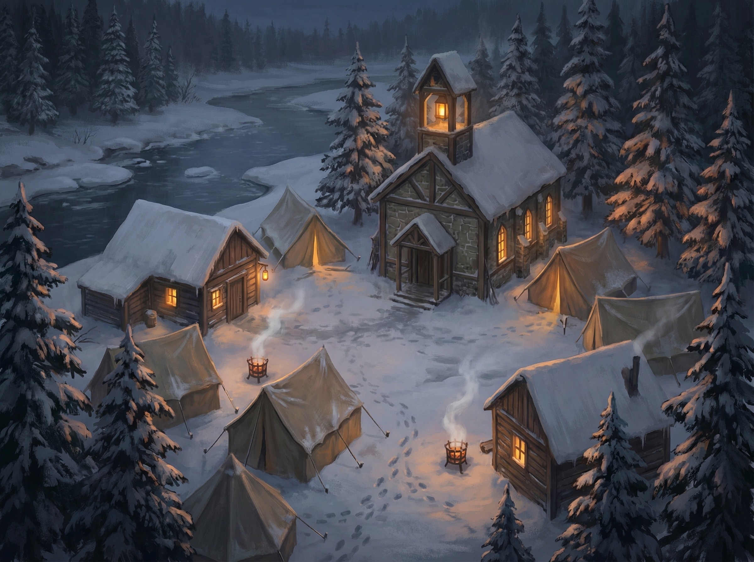 Winter Village Aerial View with Snow and River