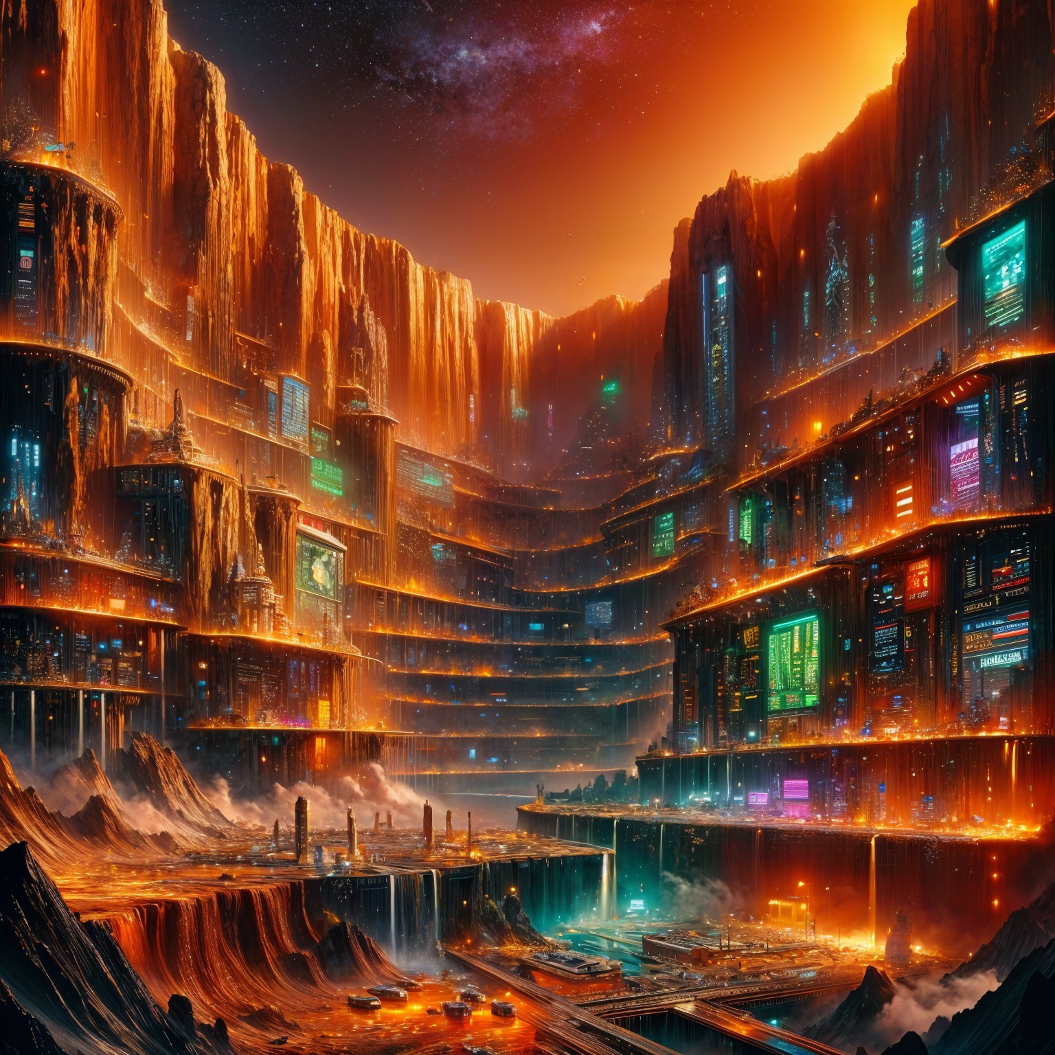 Futuristic City with Neon Lights and Cascading Waterfalls
