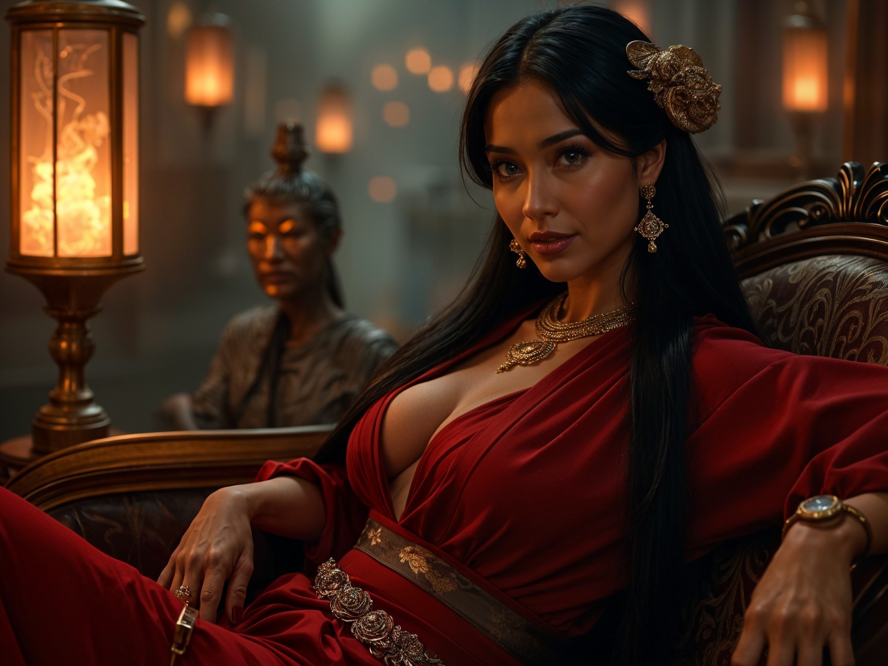 Elegant woman in red gown on ornate chair with statue