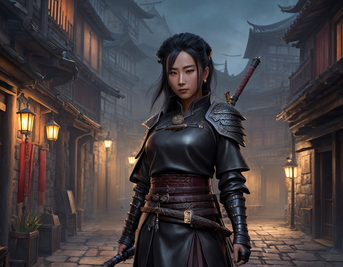 Fierce Warrior in Ornate Armor on Ancient Street