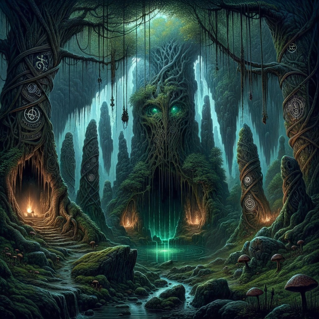 Enchanted Forest with Glowing Trees and Caves