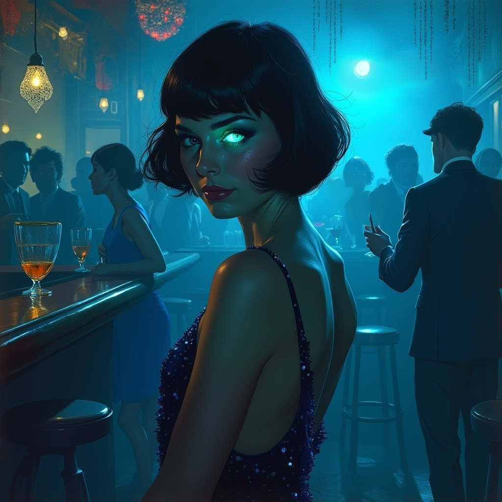 Dimly Lit Bar Scene with Woman in Blue Dress