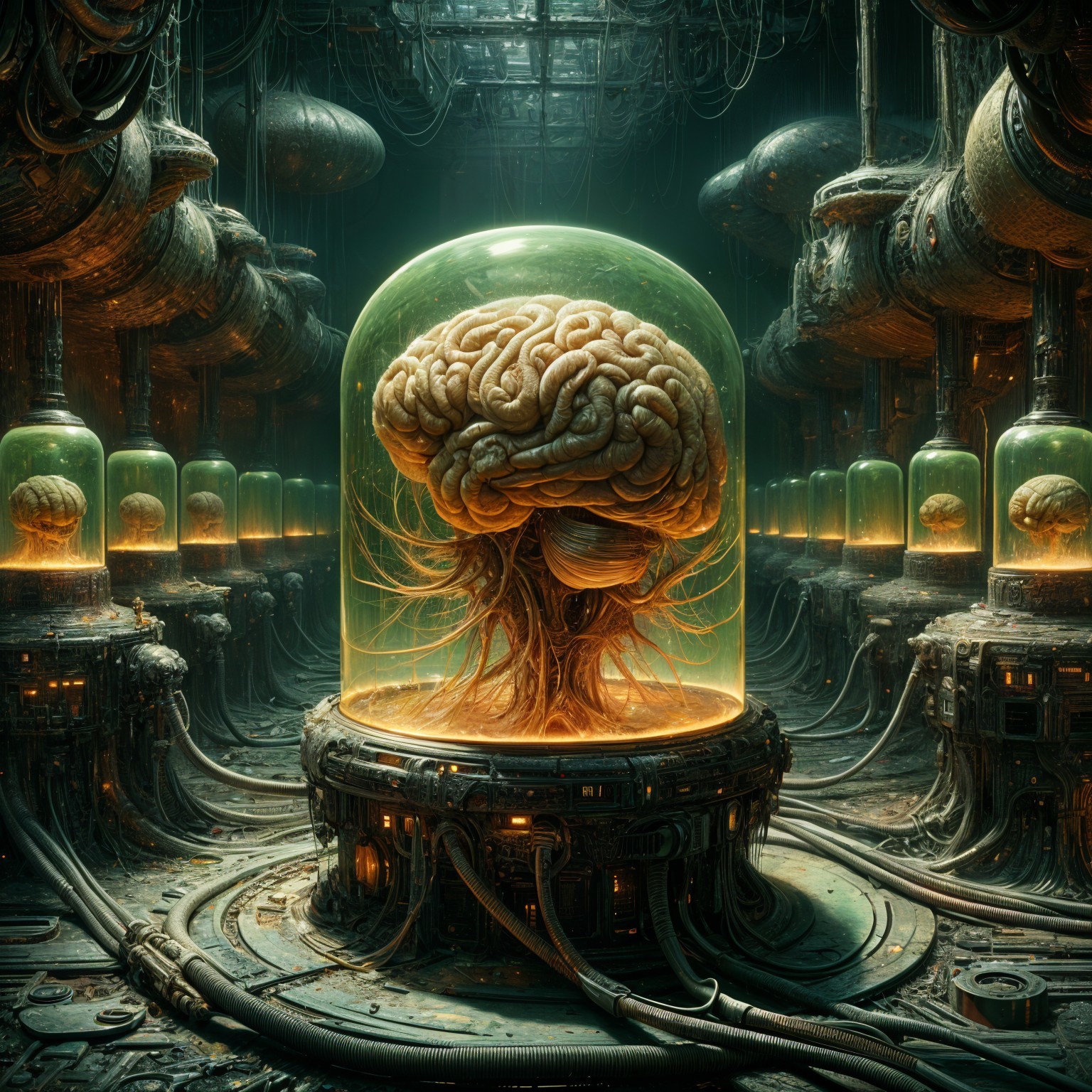 Futuristic laboratory with glowing brain-filled domes
