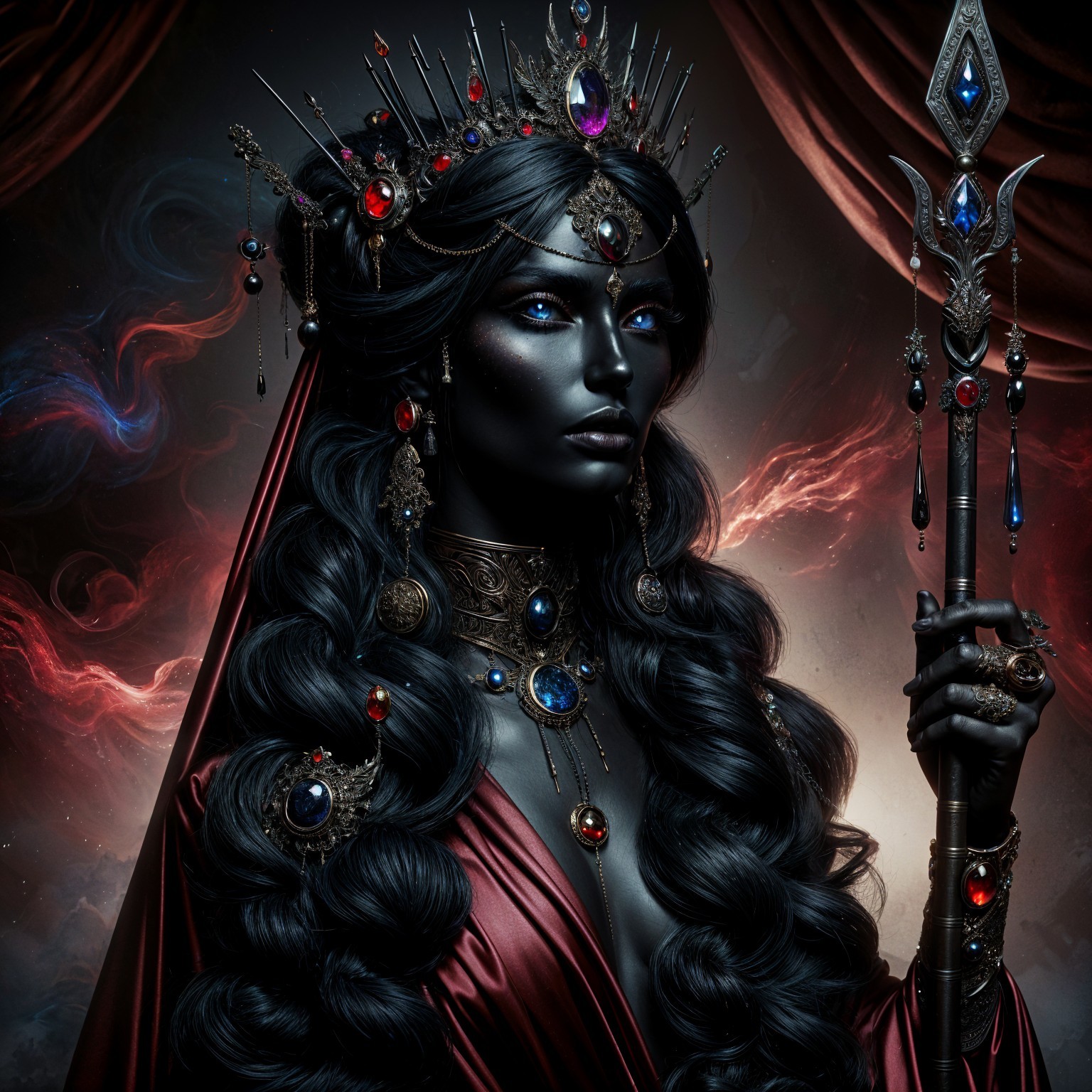 Regal figure in crimson gown with crown and staff