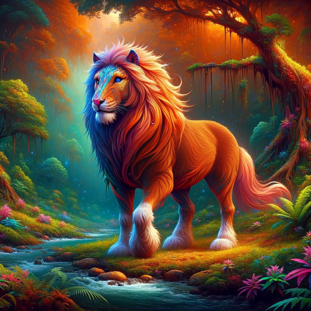 Lion by a serene stream in an enchanted forest