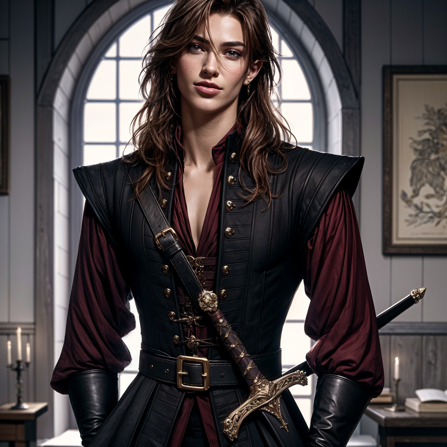 Elegant Dark Leather Outfit with Sword and Dramatic Setting