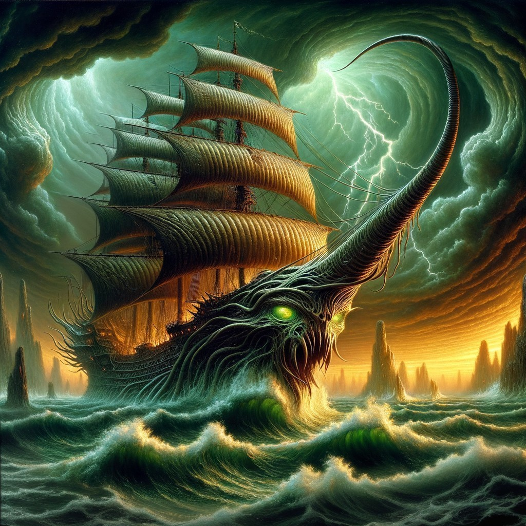Grand ship with monstrous features in stormy sea