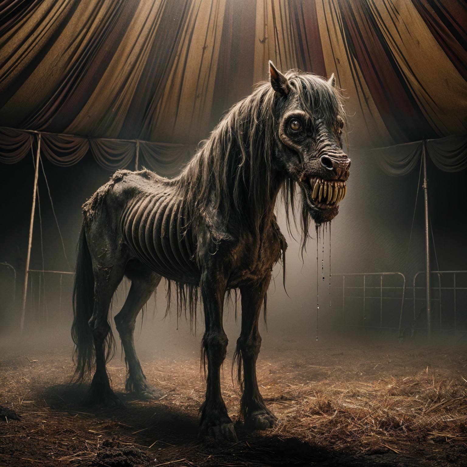 Grotesque Skeletal Horse in Dim Circus Tent Setting