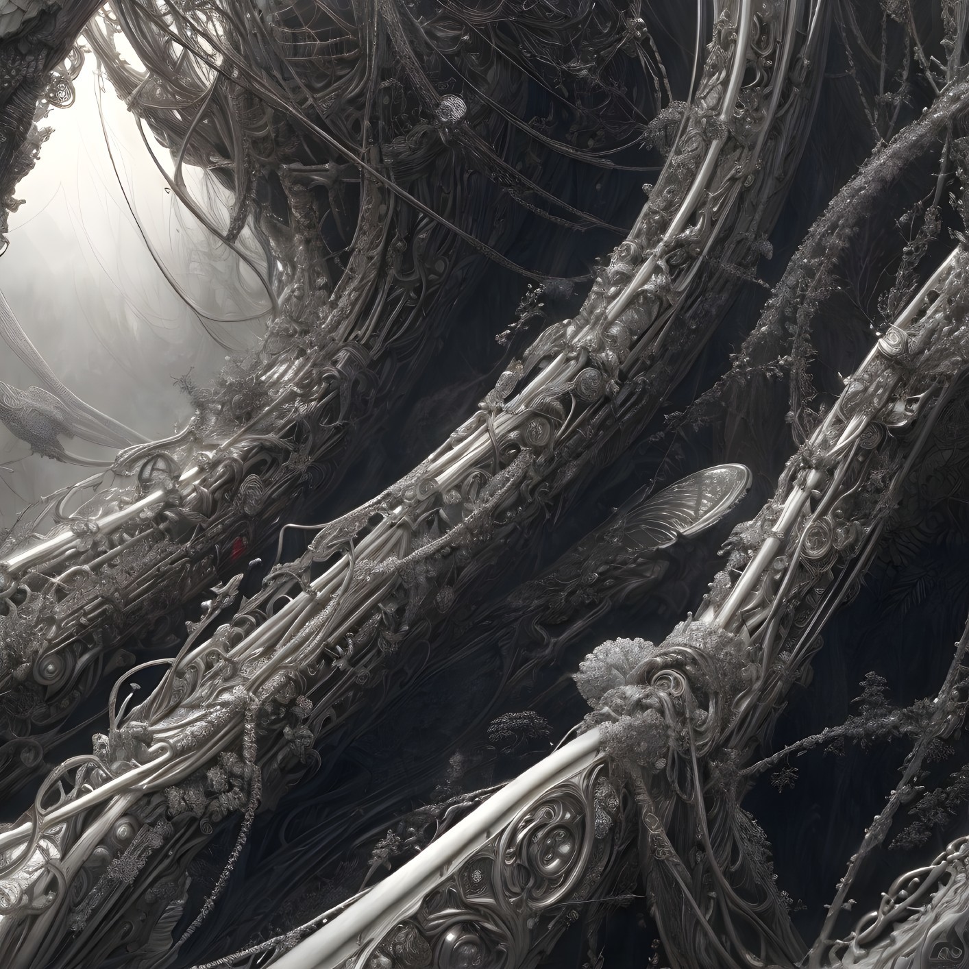 Intricate Gray and Silver Metallic Structures intertwined in Organic Patterns