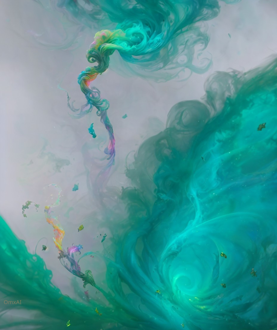 Abstract Teal Swirl with Rainbow Hues on Ethereal Background