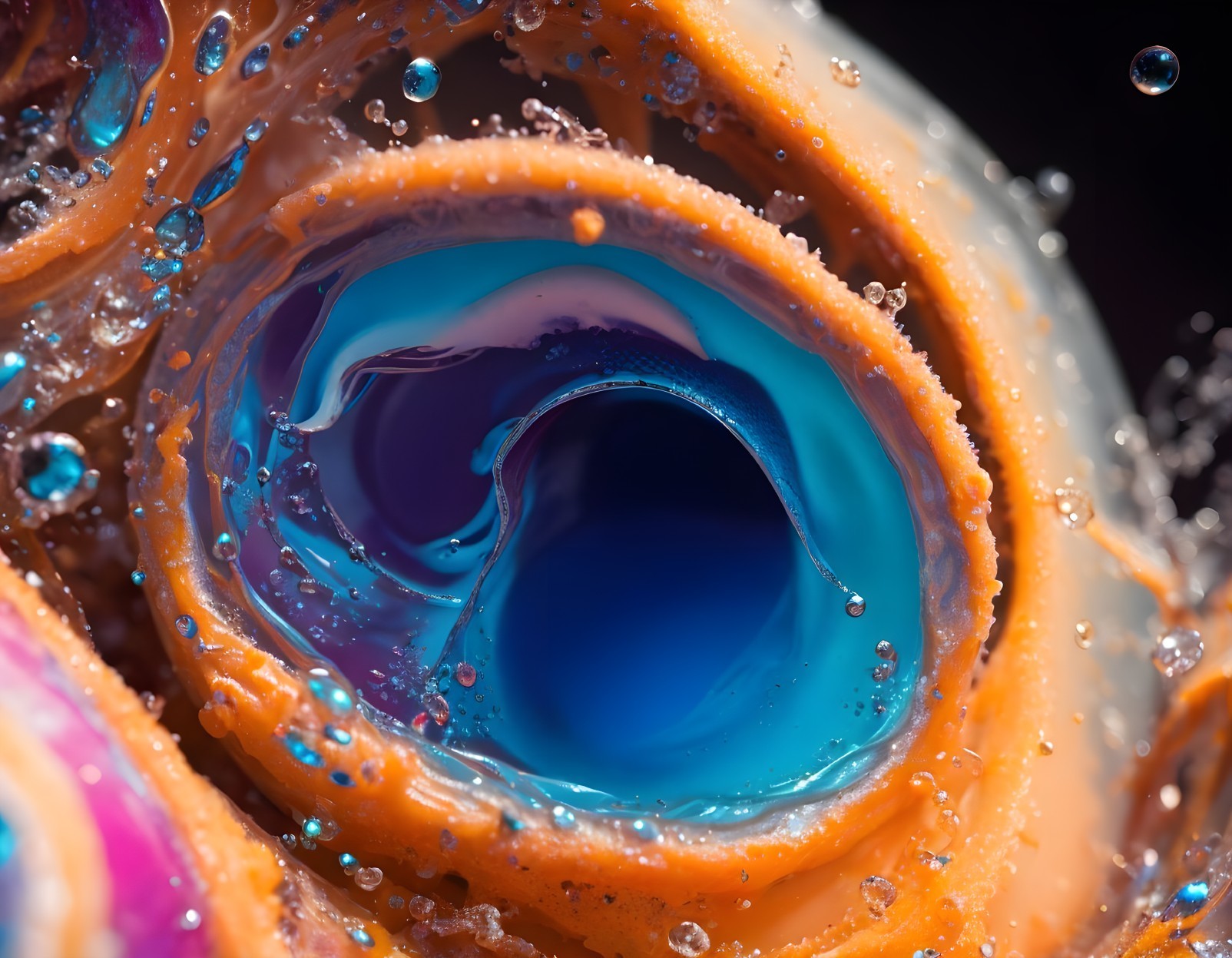 Vibrant blue and orange swirl with sparkling water droplets in abstract composition