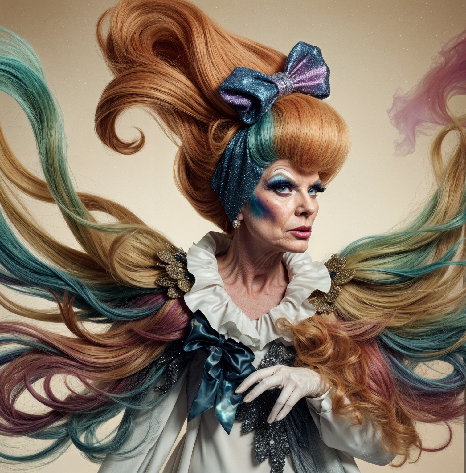 Elaborate Pastel Hairstyle and Dramatic Outfit Description