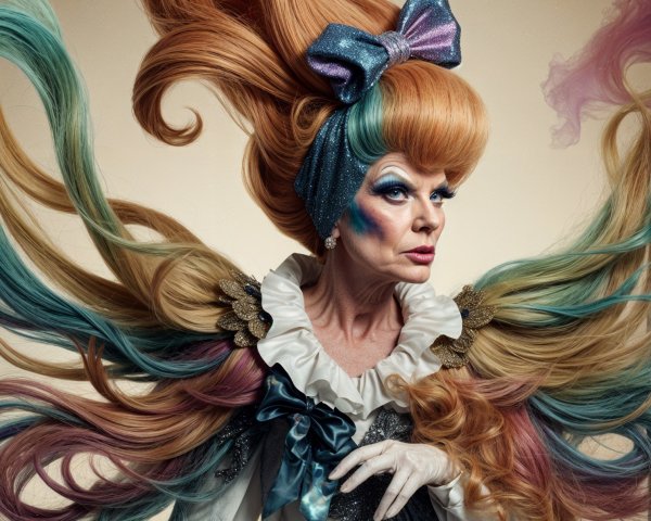 Elaborate Pastel Hairstyle and Dramatic Outfit Description