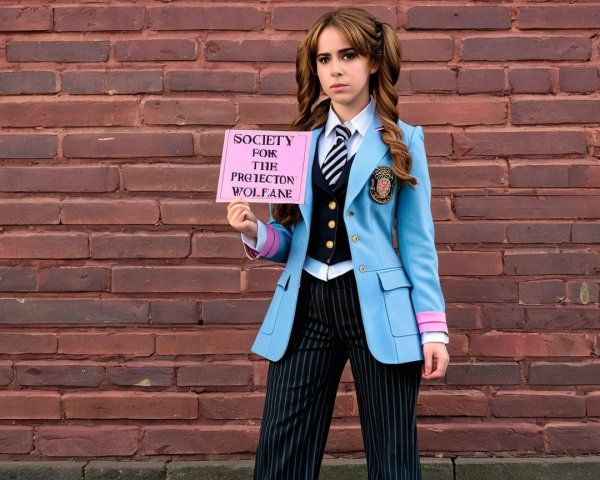 Young Woman in Blue Blazer with Sign Against Brick Wall