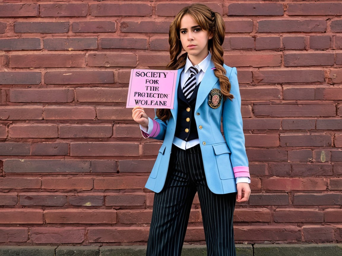 Young Woman in Blue Blazer with Sign Against Brick Wall