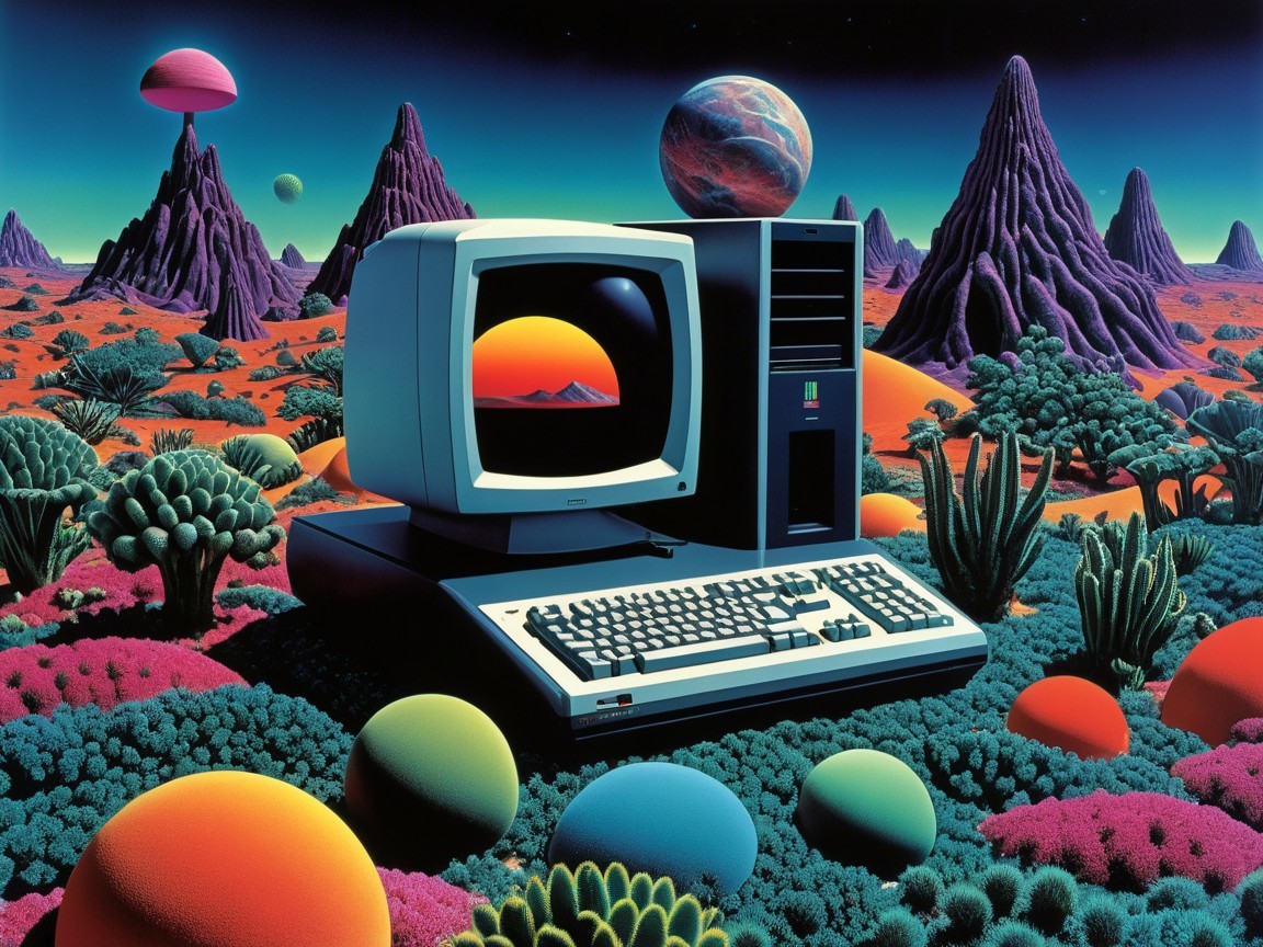 Retro Computer in Colorful Alien Landscape