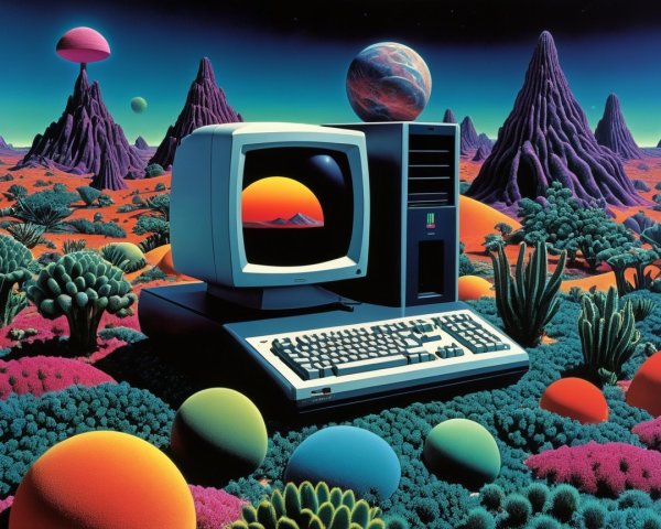 Retro Computer in Colorful Alien Landscape