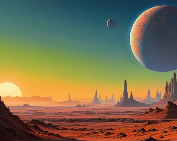 Alien Landscape with Towering Rock Formations and Planets
