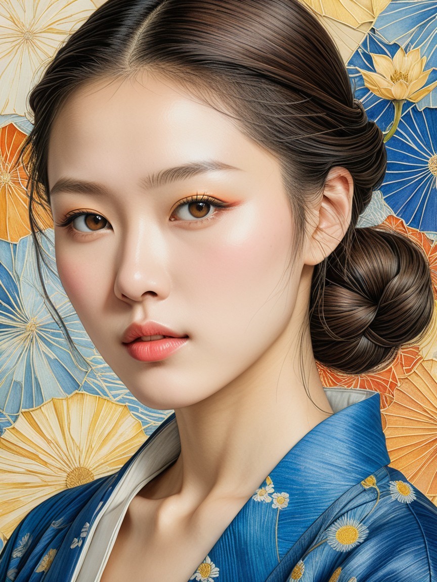 Young woman in blue kimono with floral background