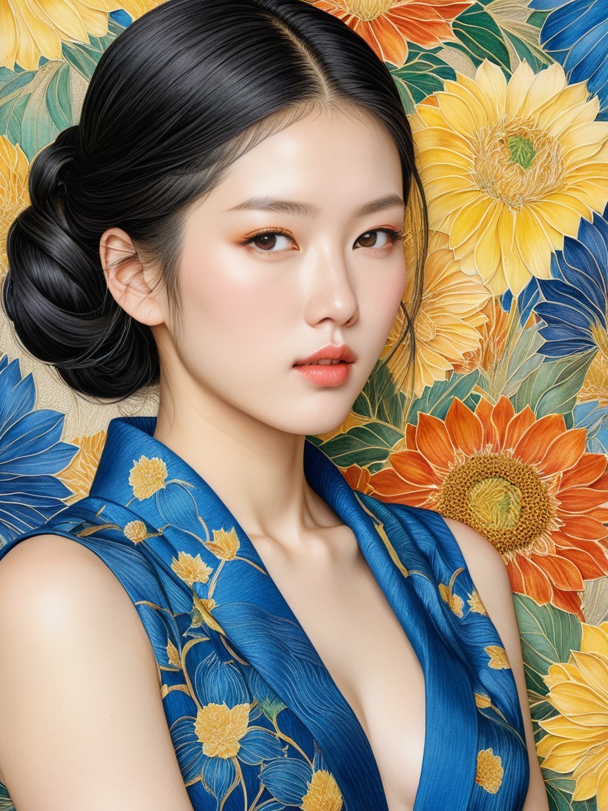 Young woman in blue outfit against floral backdrop