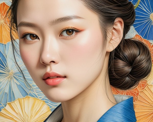 Young woman in blue kimono with floral background