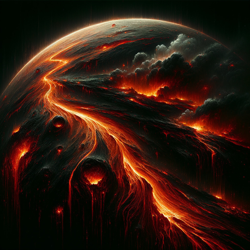 Fiery Planet with Lava Flows and Dark Clouds