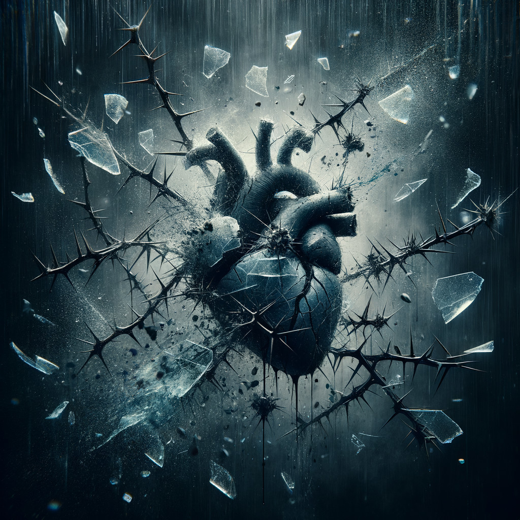Surreal Heart Explosion Amid Jagged Glass Shards