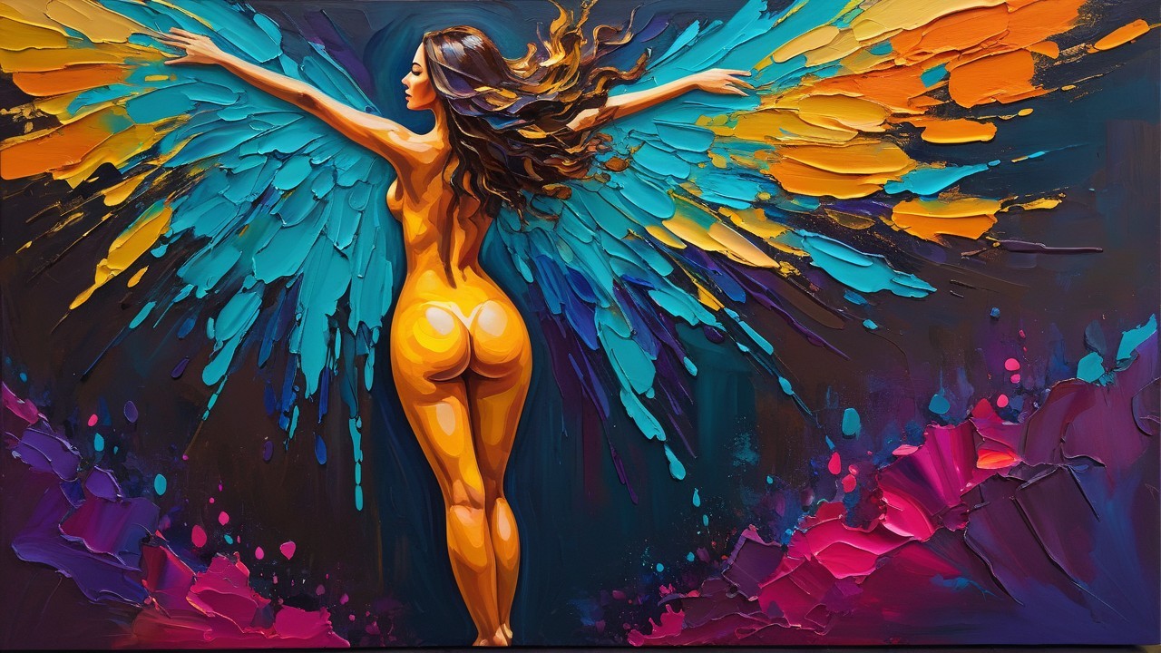 Nude Figure with Colorful Wings in Ethereal Setting