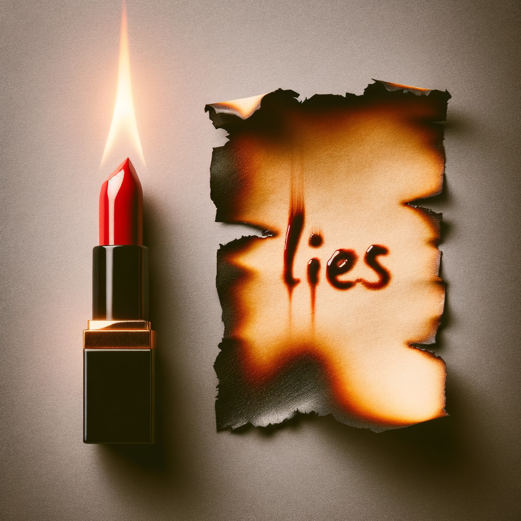 Red Lipstick and Singed Paper Symbolizing Deception